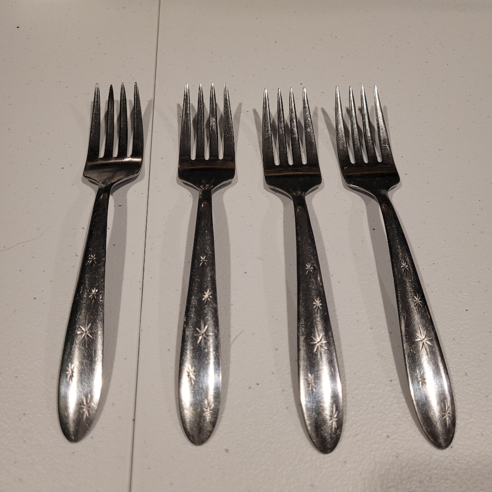Set of 4 Mar-Crest Stainless MCF1 Salad Forks 6" Atomic Starburst MCM